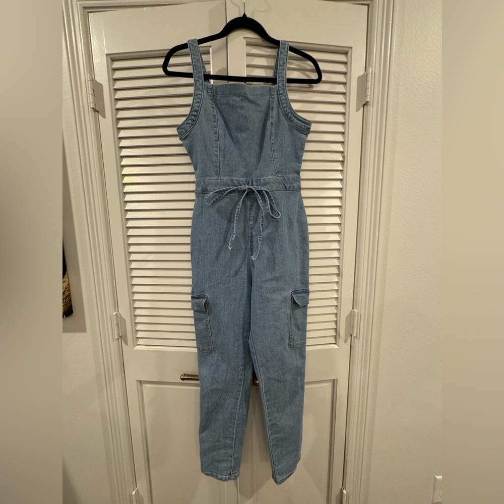 Tinseltown Light Blue Denim Cargo Jumpsuit w/ Adjustable Straps